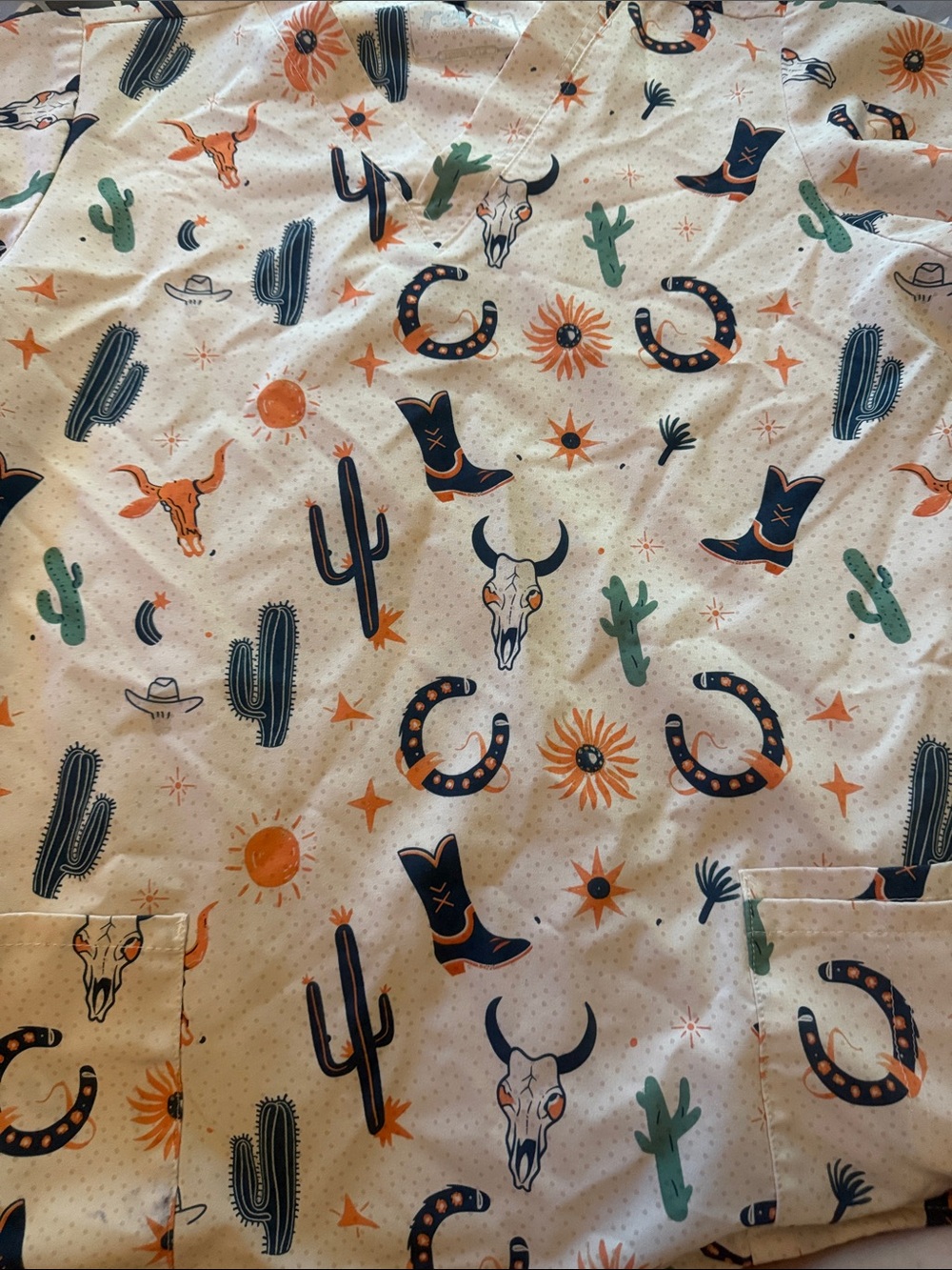 Western Motif Cotton scrub top- Orange, Green & Navy